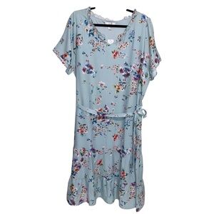 CJ Banks Dress Womens 1X 16-18W Blue Floral Cottagecore Belt Boho Feminine NWT